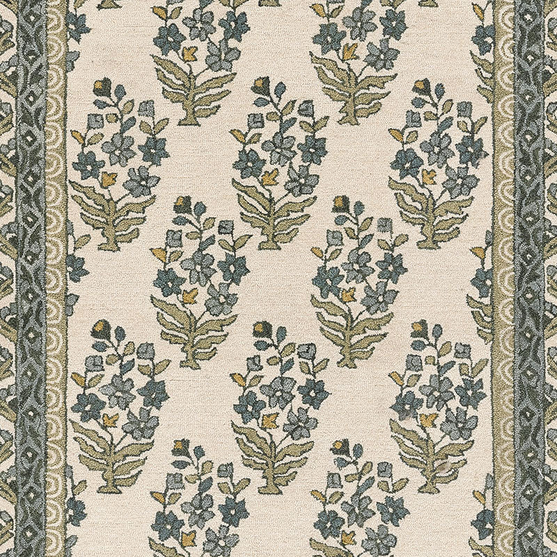 Floral Border Hand Tufted Wool Rug -  Green, 8' Runner