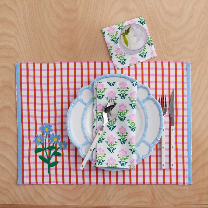 Floral Plaid Reversible Cocktail Napkins, Set of 4 - Red