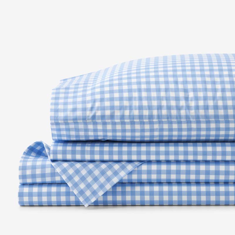 Gingham Classic Cool Organic Cotton Percale Bed Sheet Set - Light Blue, Twin