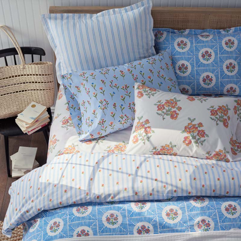 Blossoms and Stripes Classic Cool Cotton Percale Fitted Bed Sheet - Petal Charm, Queen