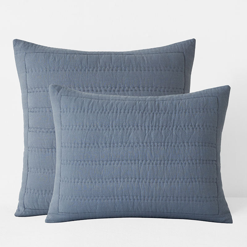 Premium Breathable Washed Linen Solid Quilted Sham - Blue Stone, King
