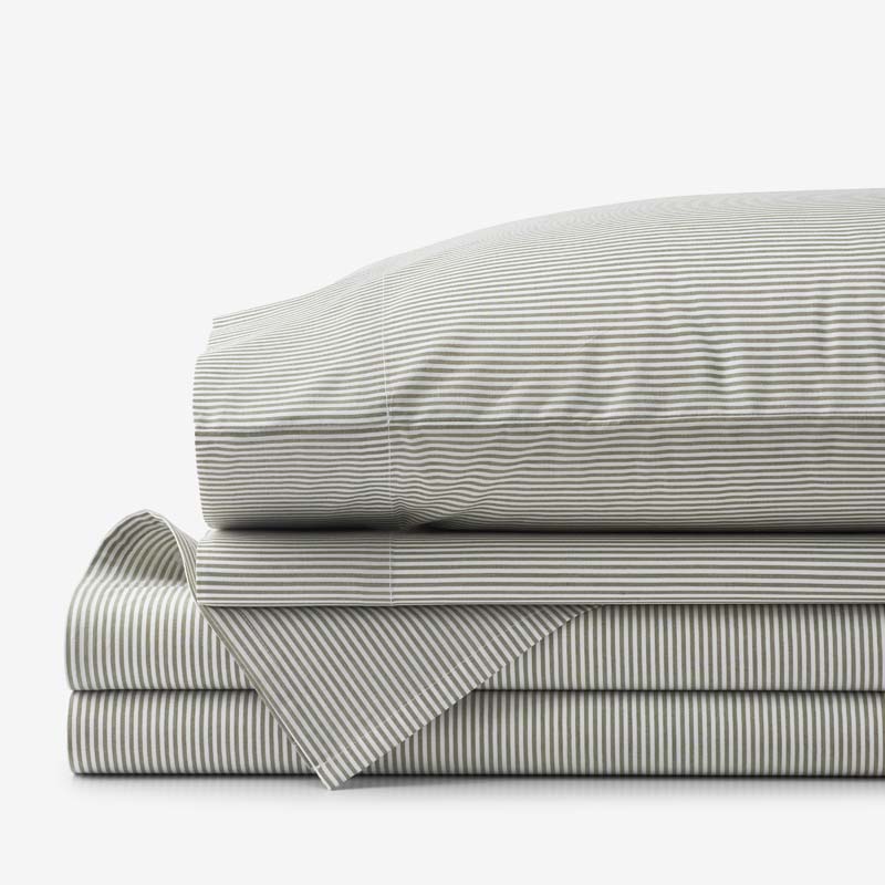Classic Stripes and Plaids Cool Yarn-Dyed Cotton Percale Bed Sheet Set - Stripe Green, Queen