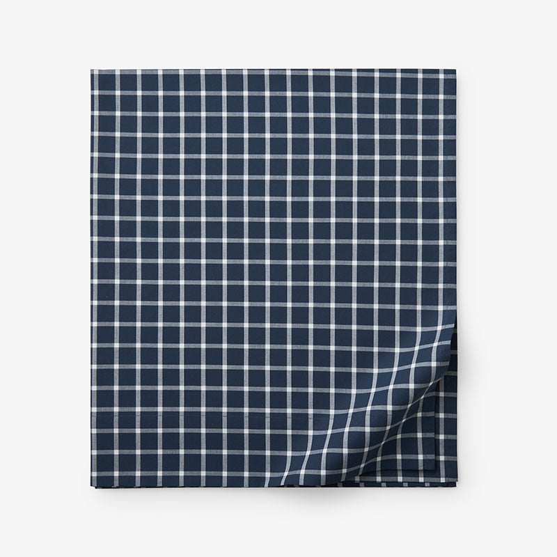 Classic Stripes and Plaids Cool Yarn-Dyed Cotton Percale Flat Bed Sheet - Windowpane White/Navy, King/Cal. King