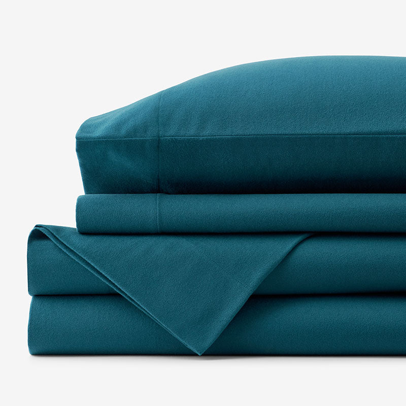 Classic Ultra-Cozy Cotton Velvet Flannel Bed Sheet Set - Teal, Queen