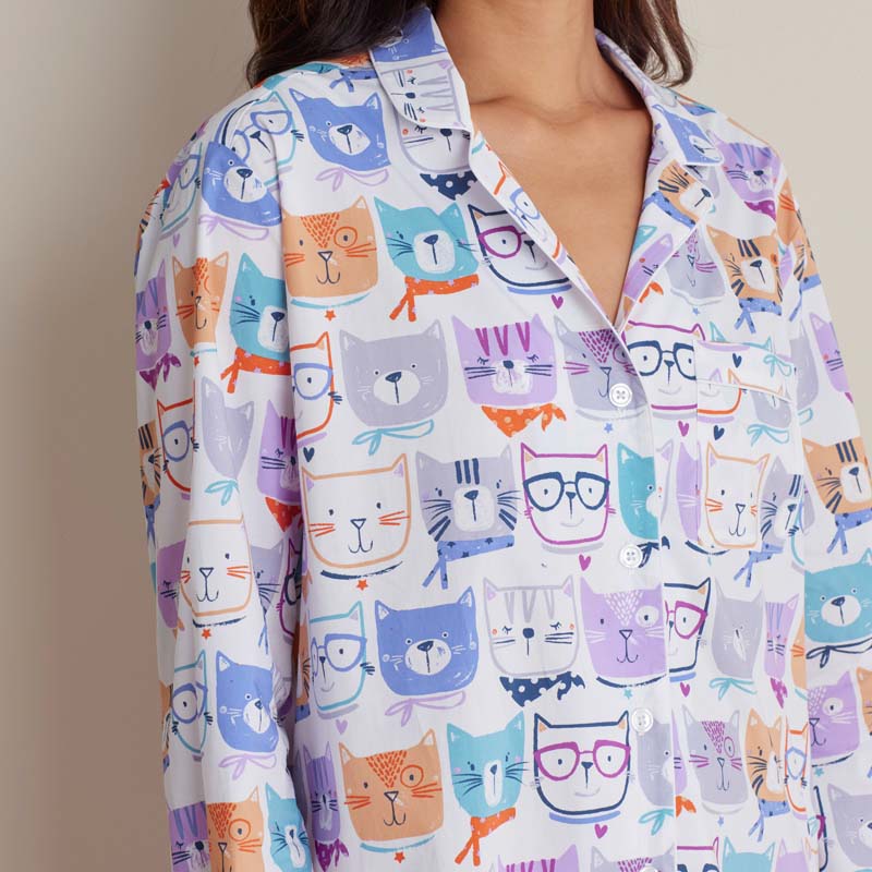 Printed Poplin Women's Nightshirt - Stylish Cats, XXL