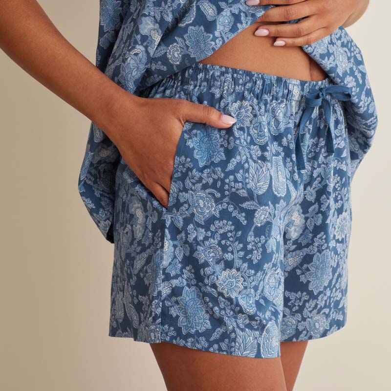 Printed Voile Women's Babydoll Shorts Set - Indigo Floral, XS