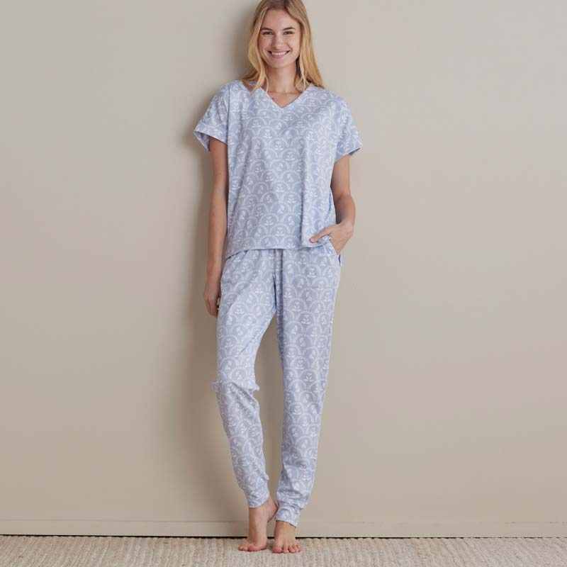 Printed Peruvian Cotton Women's Jogger Pants Pajama Set - Bergen Blue, L