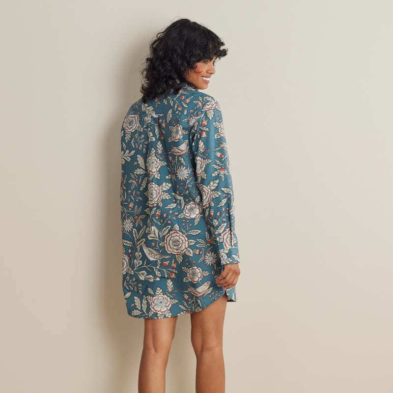 Printed Poplin Women's Nightshirt - Birds & Flowers, S