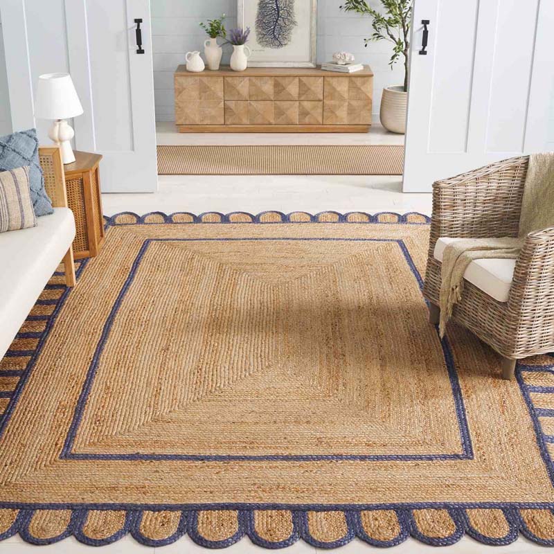 Scallop Border Handwoven Jute Rug - Blue, 3' x 5'