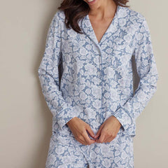 Printed Pima Cotton Women's Button-Down Pajama Set - Blue Garden, L
