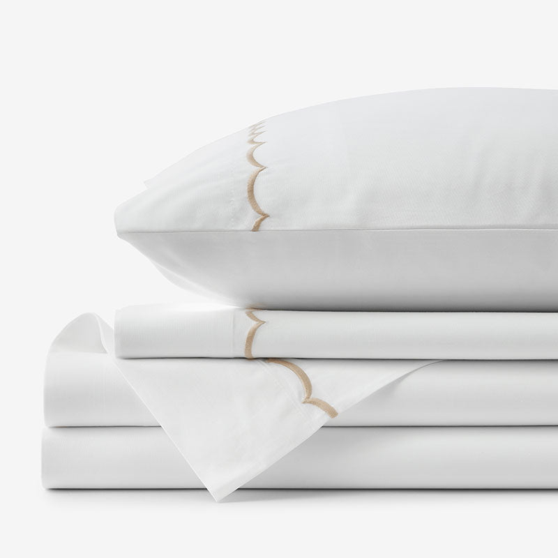 Embroidered Scallop Classic Cool Cotton Percale Bed Sheet Set - Tan, Queen
