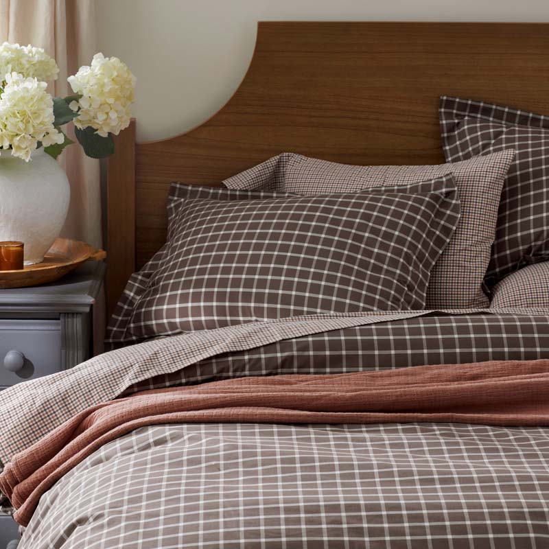 Classic Stripes and Plaids Cool Yarn-Dyed Cotton Percale Pillowcase Set - Windowpane Brown, Standard