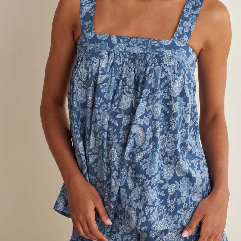 Printed Voile Women's Babydoll Shorts Set - Indigo Floral, M