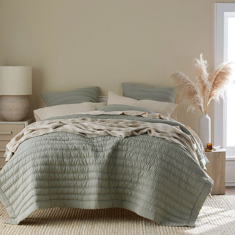 Premium Breathable Washed Linen Solid Quilted Sham - Moss, King