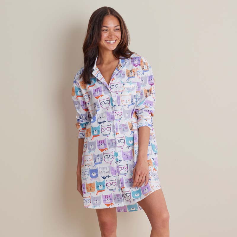 Printed Poplin Women's Nightshirt - Stylish Cats, M