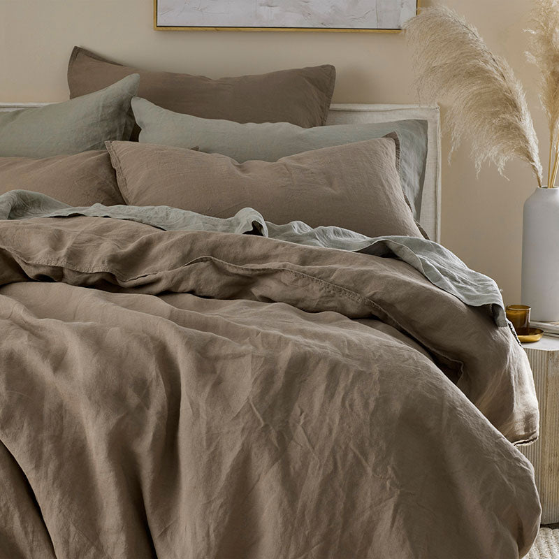 Premium Breathable Washed Linen Solid Flat Bed Sheet - Pine Bark, Queen