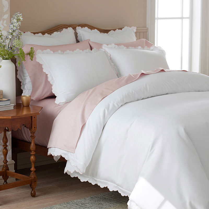Embroidered Scallop Classic Smooth Sateen Solid Duvet Cover - Blush, Full/Queen