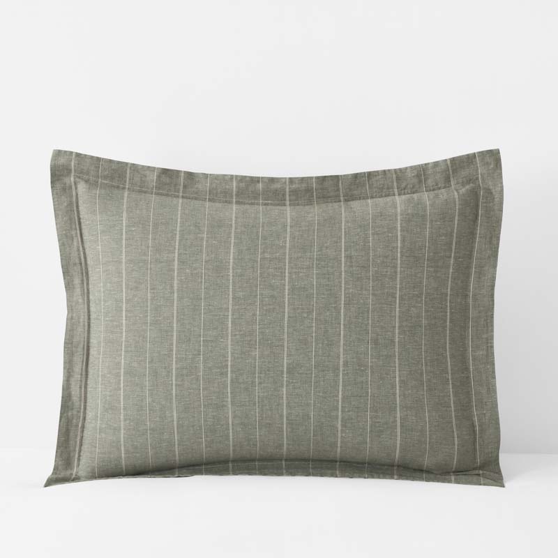 Tailored Stripes Premium Breathable Washed Linen Cotton Reversible Sham - Wide Stripe Dark Olive, Standard