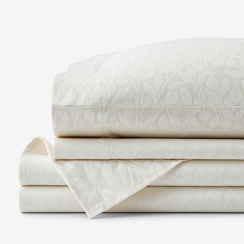 Jacquard Leaf Yarn-Dyed Premium Smooth Supima® Cotton Wrinkle-Free Sateen Bed Sheet Set - Ivory, Full