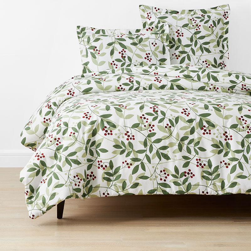 Holiday Print Classic Ultra-Cozy Cotton Velvet Flannel Duvet Cover - Berries and Leaves, King/Cal. King