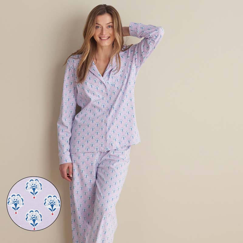 Printed Peruvian Cotton Women's Button-Down Pajama Set - Petite Floral, L