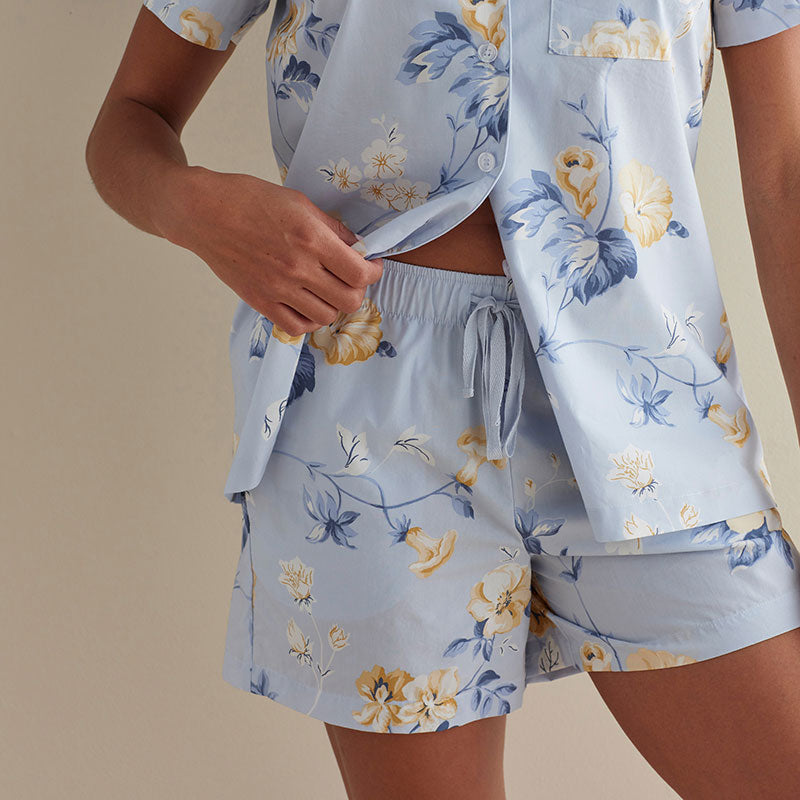 Printed Poplin Women's Shorts Set - Blue Floral, S