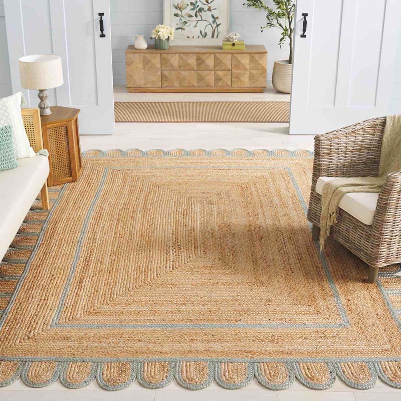 Scallop Border Handwoven Jute Rug - Light Blue, 8' x 10'