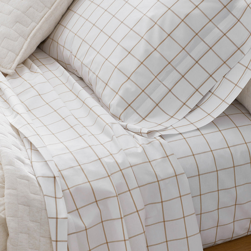 Tailored Stripes and Plaids Classic Cool Cotton Percale Fitted Bed Sheet - Block Plaid Wheat, Twin