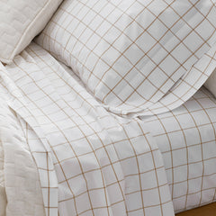 Tailored Stripes and Plaids Classic Cool Cotton Percale Flat Bed Sheet - Block Plaid Wheat, Twin/Twin XL