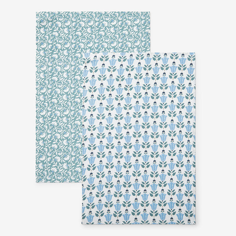 Mix & Match Printed Cotton Tea Towels, Set of 2 - Teal Blue