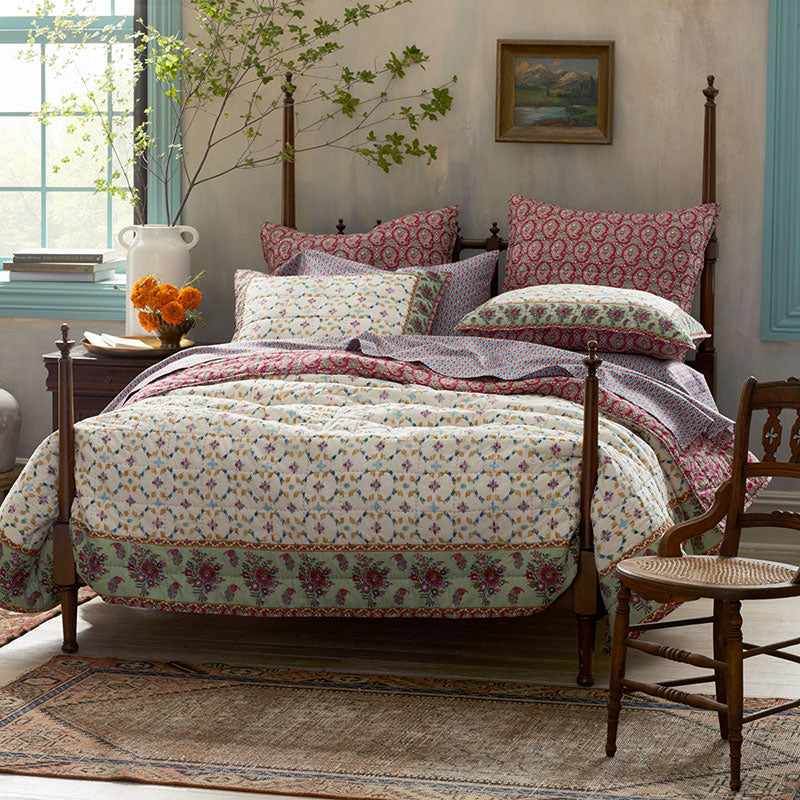 Butti Floral Premium Smooth Sateen Flat Bed Sheet - Red/Blue, King/Cal King
