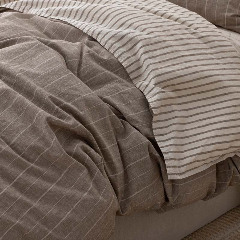 Tailored Stripes Premium Breathable Washed Linen Cotton Reversible Sham - Wide Stripe Dark Brown, Euro