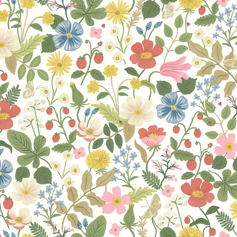 Strawberry Fields Traditional Wallpaper - White, Roll