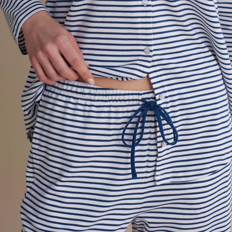 Yarn-Dyed Stripe Pima Cotton Women's Button-Down Pajama Set - Navy/White, L