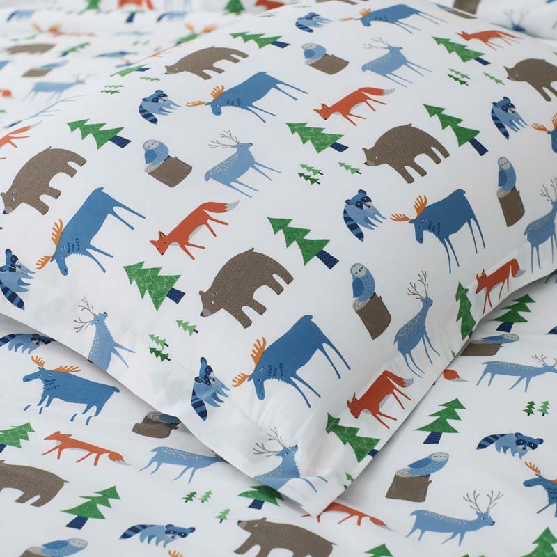 Forest Friends Classic Cool Organic Cotton Percale Duvet Cover Set - White Multi, Full/Queen