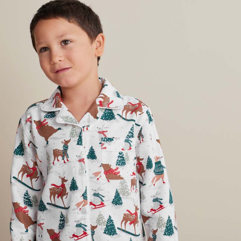 Family Flannel Kid's Button-Down Pajama Set - Winter Skating Animals, 8