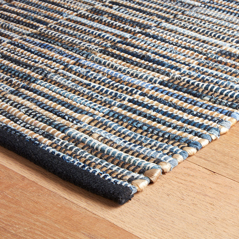Denim Rag Handwoven Gridwork Cotton Rug - Blue, 2' x 8'