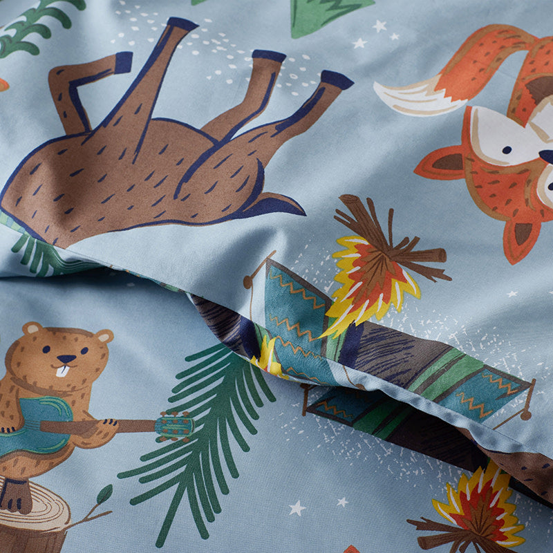 Animal Campers Classic Cool Organic Cotton Percale Bed Sheet Set - Blue Multi, Queen