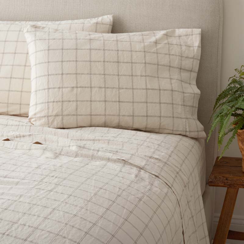 Tailored Stripes and Plaids Premium Breathable Washed Linen Cotton Flat Bed Sheet - Windowpane Dark Brown, Queen