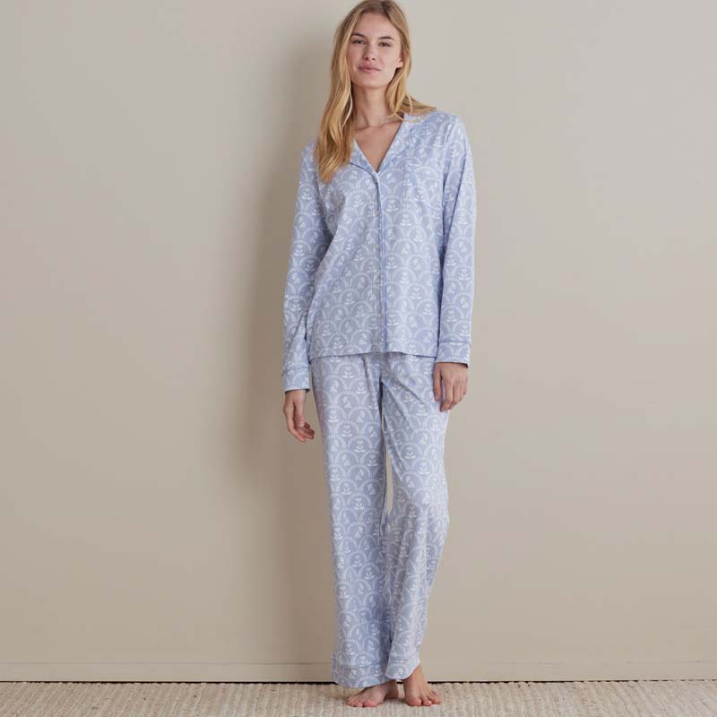Printed Peruvian Cotton Women's Button-Down Pajama Set - Bergen Blue, XL