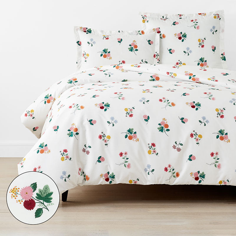 Ditsy Dahlia Classic Cool Cotton Percale Duvet Cover - White Multi, King/Cal. King