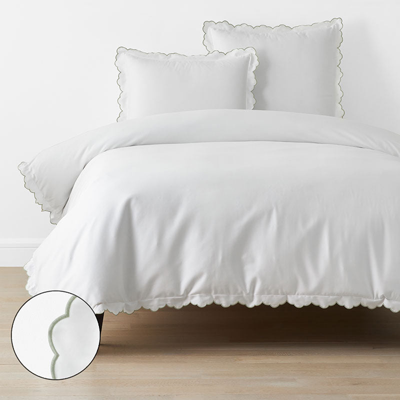 Embroidered Scallop Classic Smooth Sateen Solid Duvet Cover - Light Sage, Full/Queen
