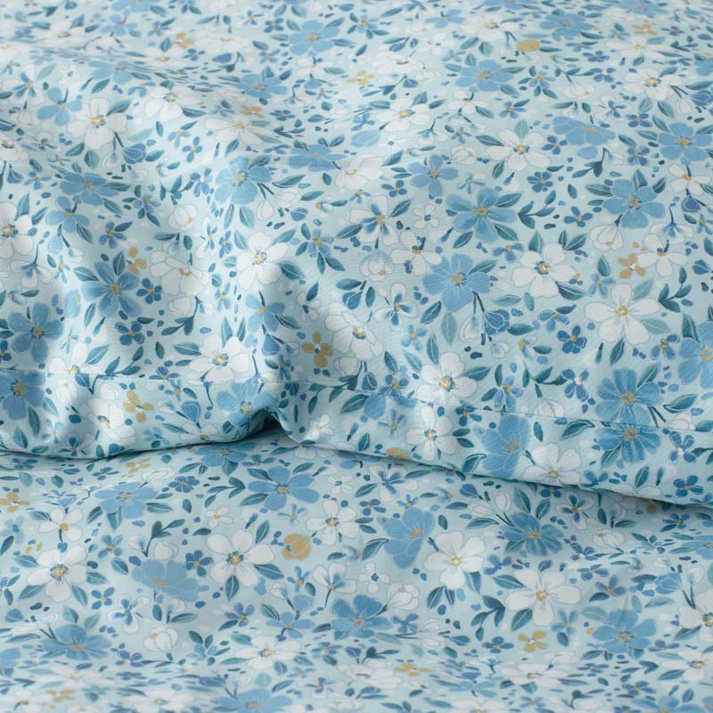 Joyful Floral Classic Smooth Sateen Bed Sheet Set - Blue, King