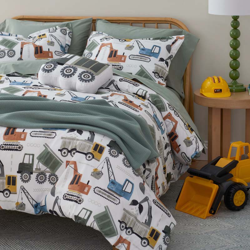 Construction Builders Classic Cool Organic Cotton Percale Duvet Cover Set - White Multi, Twin/Twin XL