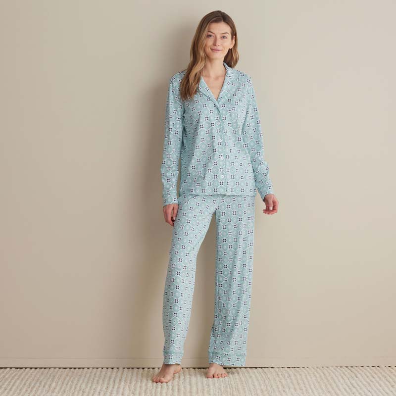 Printed Peruvian Cotton Women's Button-Down Pajama Set - Cool Daisy, XL