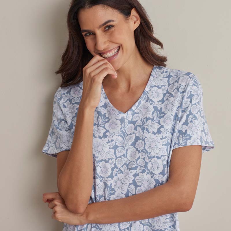 Printed Pima Cotton Women's Nightgown - Blue Garden, XL