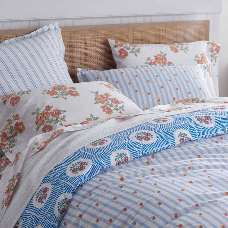 Blossoms and Stripes Classic Cool Cotton Percale Reversible Comforter - Blossom Veil, Full/Queen