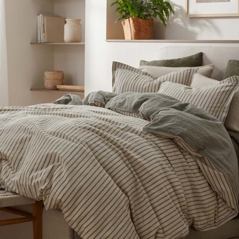 Tailored Stripes Premium Breathable Washed Linen Cotton Reversible Duvet Cover - Wide Stripe Dark Olive, King/Cal. King