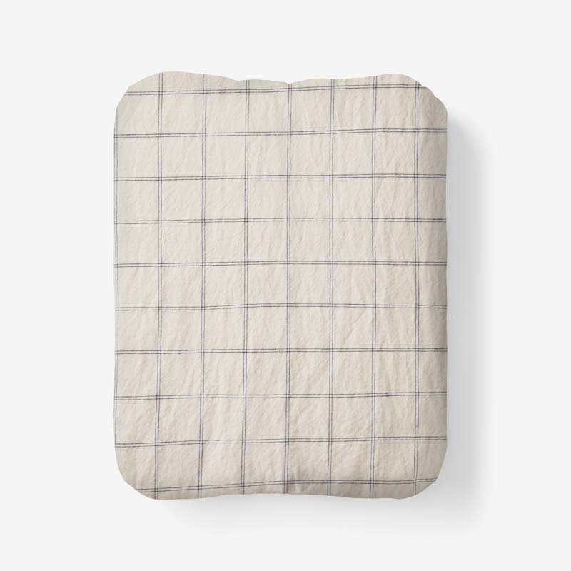 Tailored Stripes and Plaids Premium Breathable Washed Linen Cotton Fitted Bed Sheet - Windowpane Deep Navy, Full