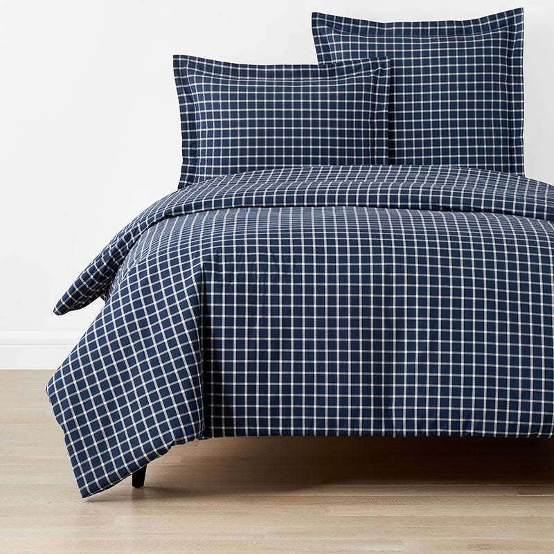 Classic Stripes and Plaids Cool Yarn-Dyed Cotton Percale Duvet Cover - Windowpane White/Navy, Full/Queen